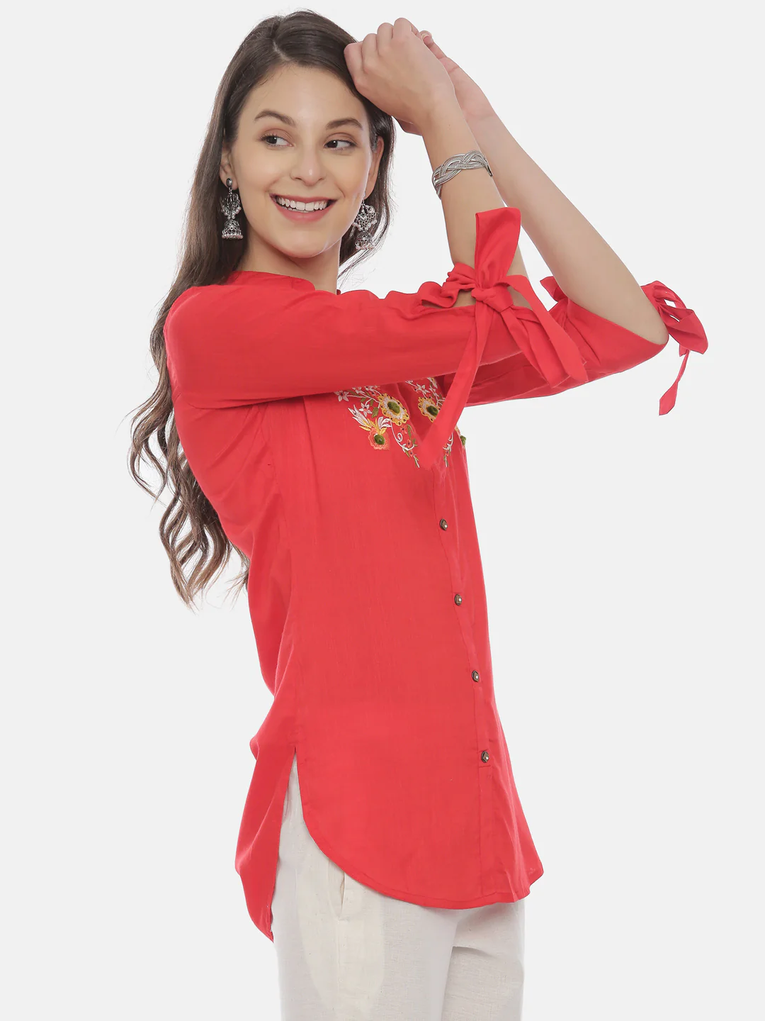 Neerus Red Embroidered High Low Kurti - Image 4