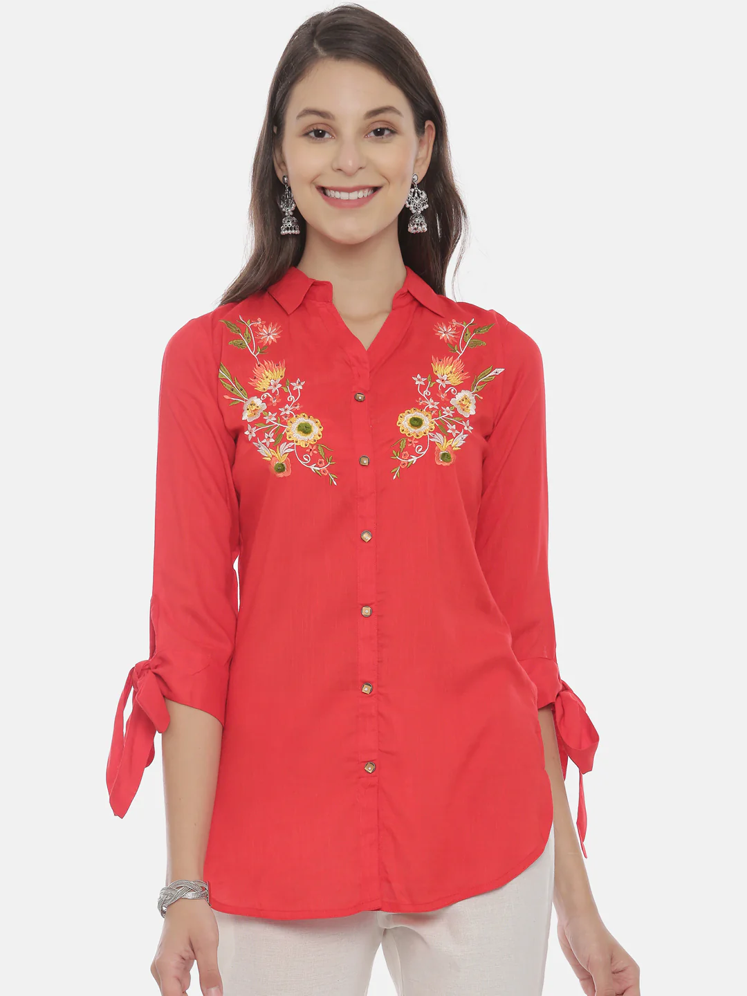 Neerus Red Embroidered High Low Kurti - Image 6