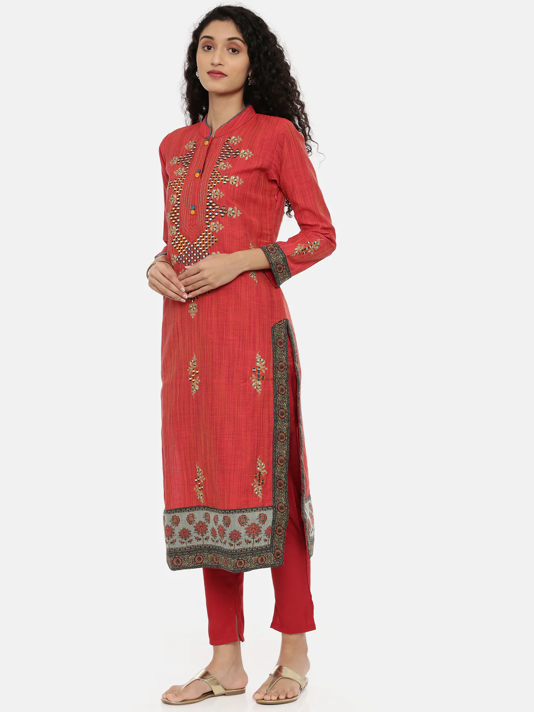 Neerus Red Embroidered Kurta With Pant & Dupatta - Image 3