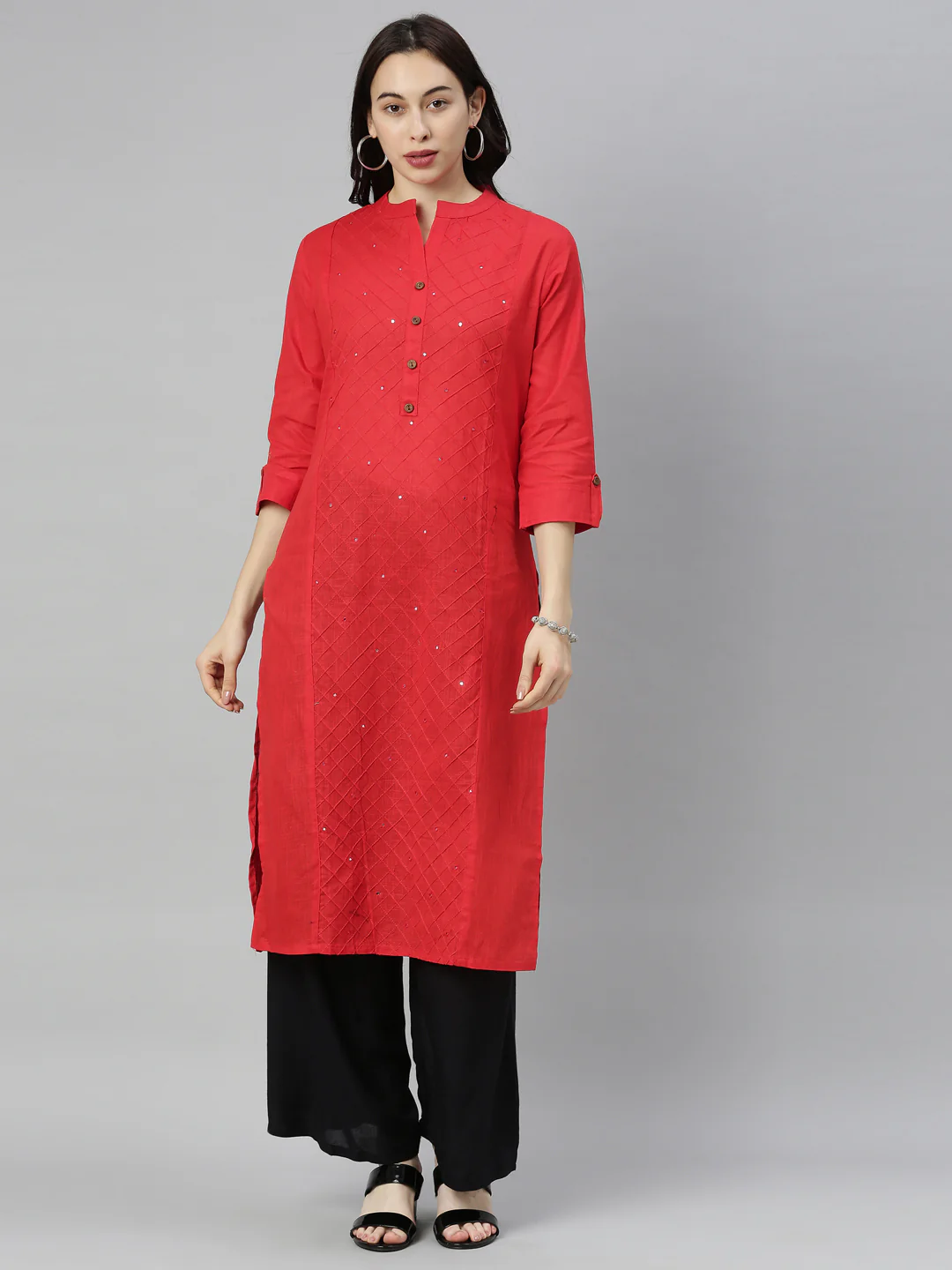Neerus Red Embroidered Straight Kurta