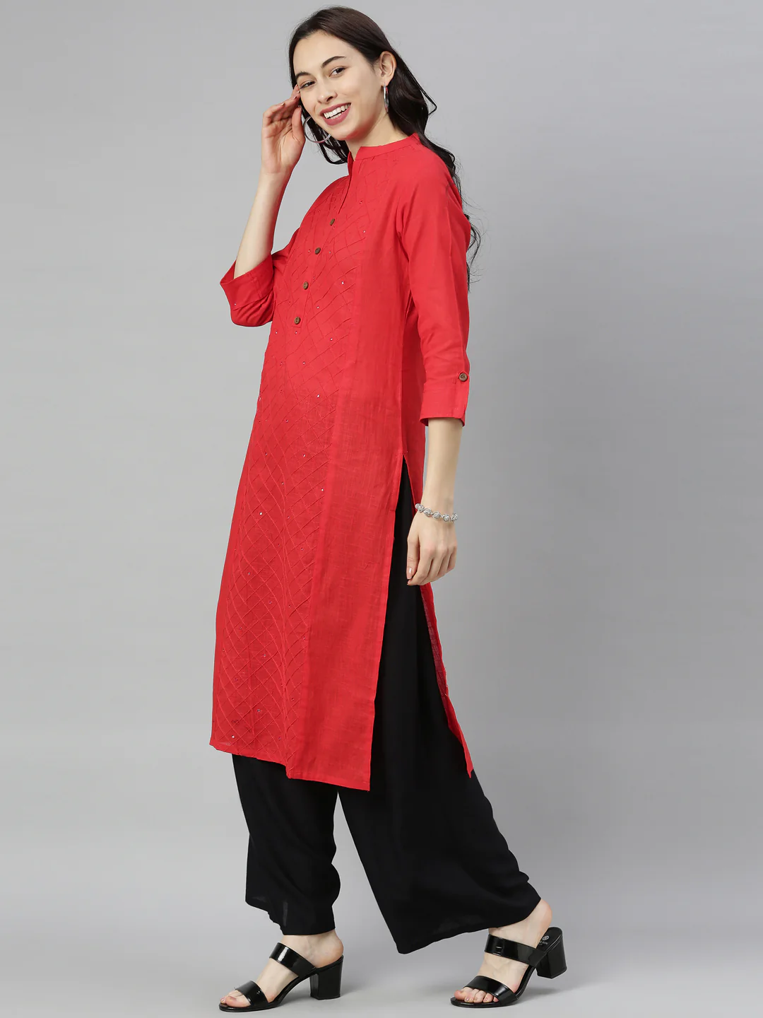 Neerus Red Embroidered Straight Kurta - Image 2