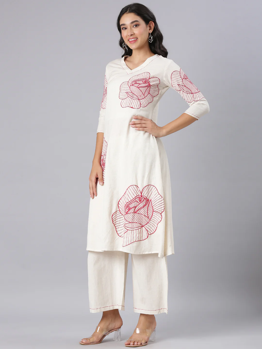 Neerus Red Embroidered Straight Kurta And Palazzos - Image 2