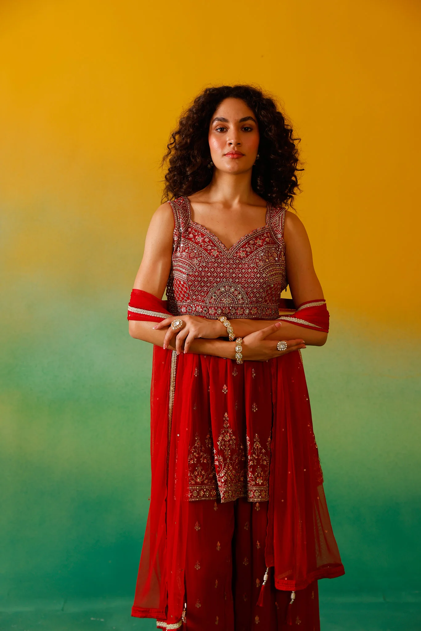 Neerus Red Embroidery Georgette Fabric Kurti Plazzo and Dupatta - Image 10