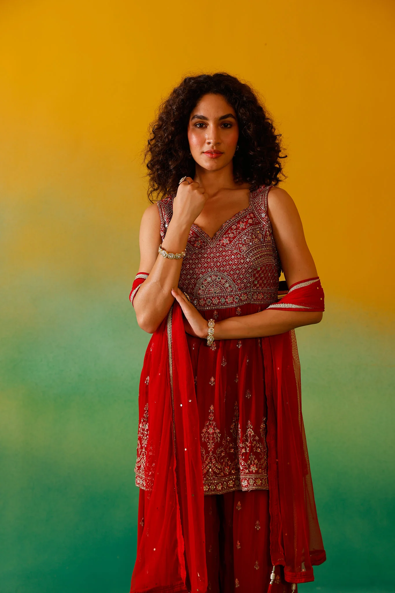 Neerus Red Embroidery Georgette Fabric Kurti Plazzo and Dupatta - Image 11
