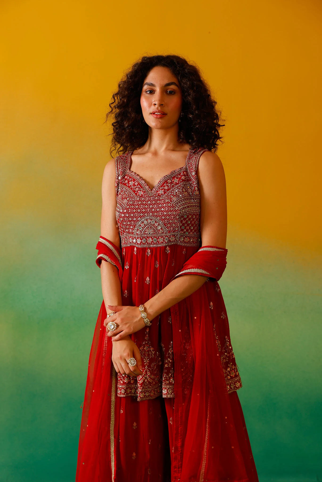 Neerus Red Embroidery Georgette Fabric Kurti Plazzo and Dupatta - Image 12
