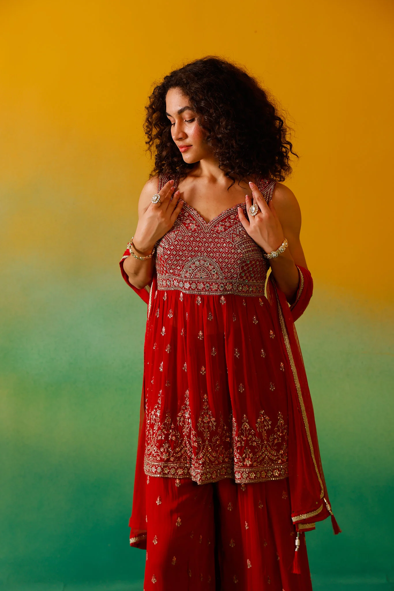 Neerus Red Embroidery Georgette Fabric Kurti Plazzo and Dupatta - Image 13