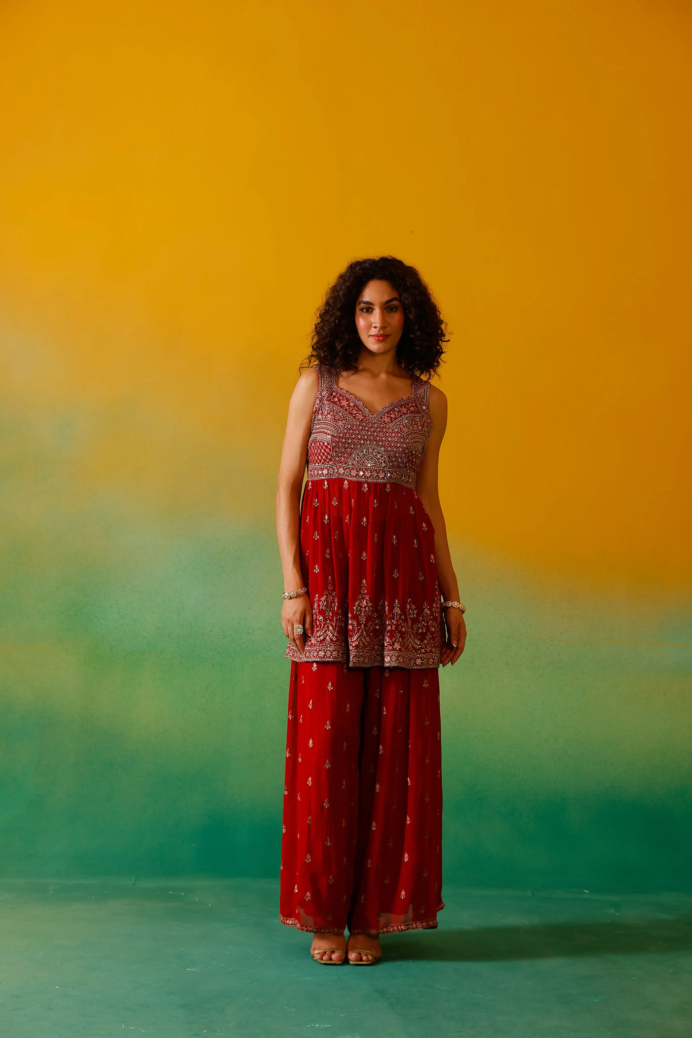 Neerus Red Embroidery Georgette Fabric Kurti Plazzo and Dupatta - Image 14