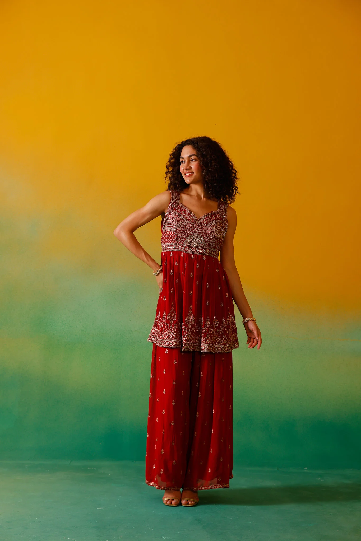 Neerus Red Embroidery Georgette Fabric Kurti Plazzo and Dupatta - Image 15