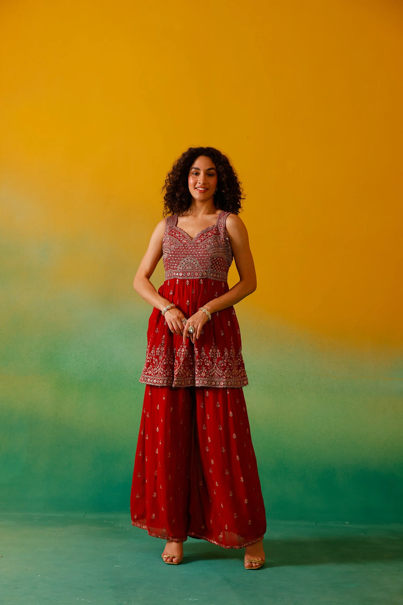 Neerus Red Embroidery Georgette Fabric Kurti Plazzo and Dupatta - Image 16