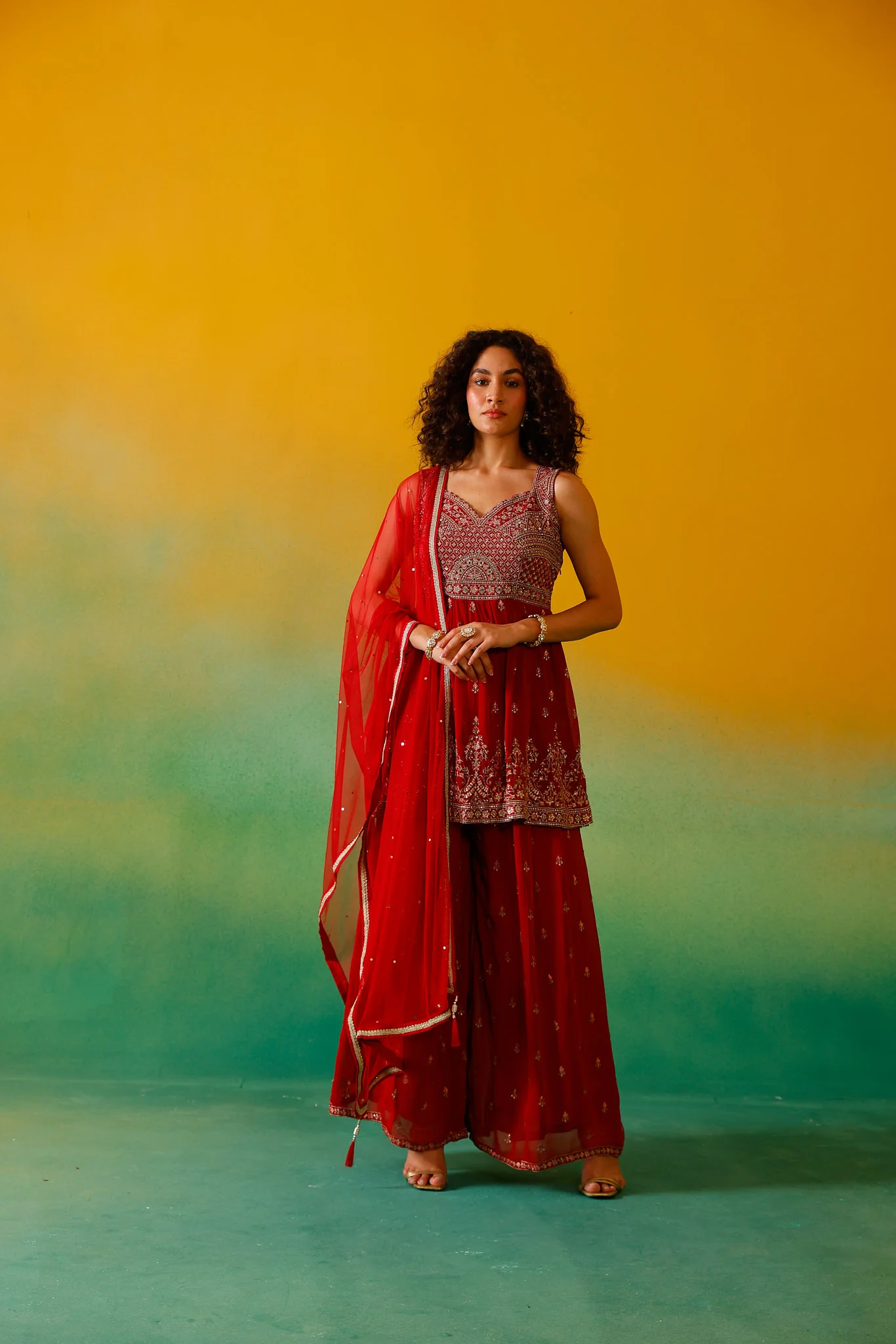Neerus Red Embroidery Georgette Fabric Kurti Plazzo and Dupatta - Image 2