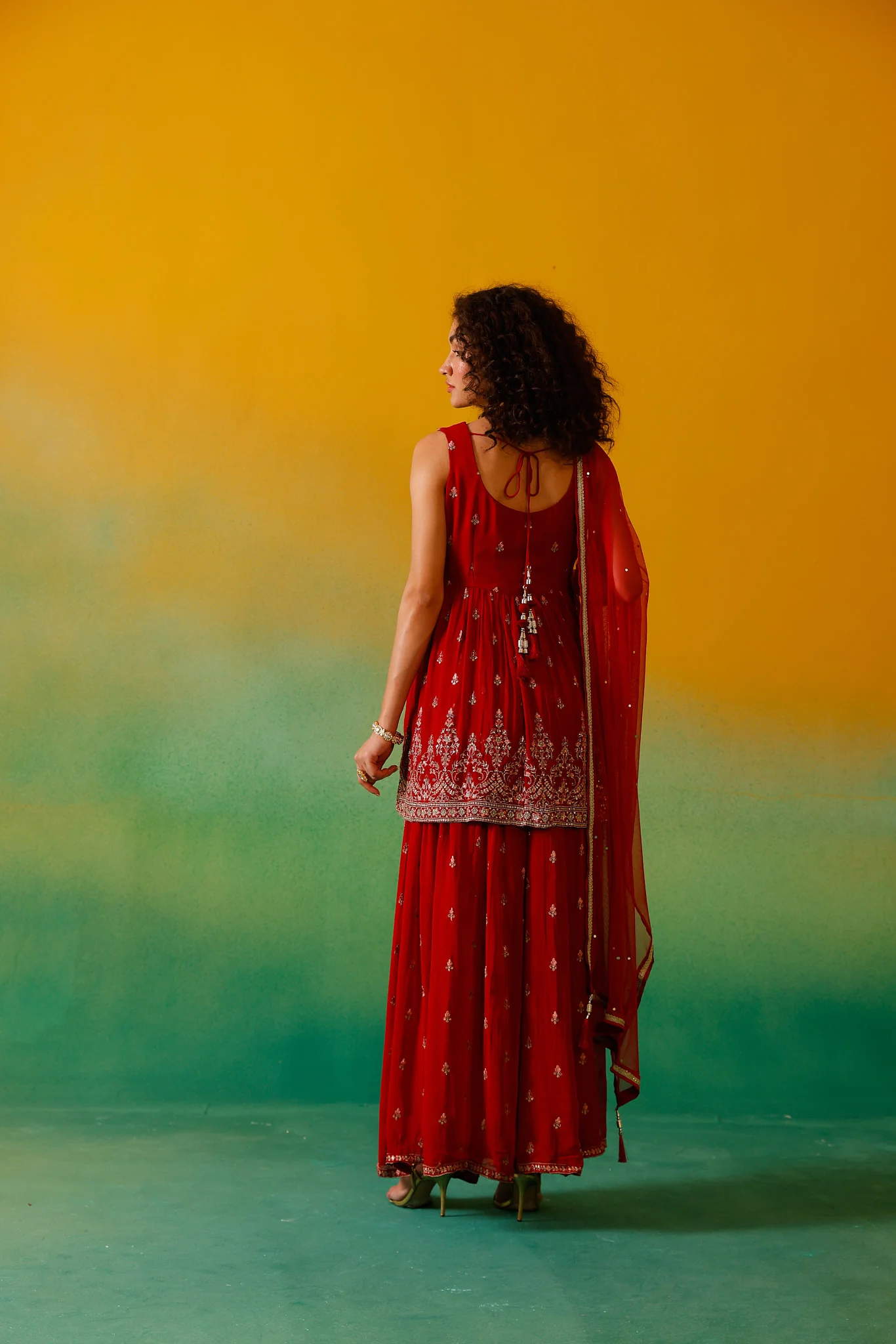 Neerus Red Embroidery Georgette Fabric Kurti Plazzo and Dupatta - Image 4