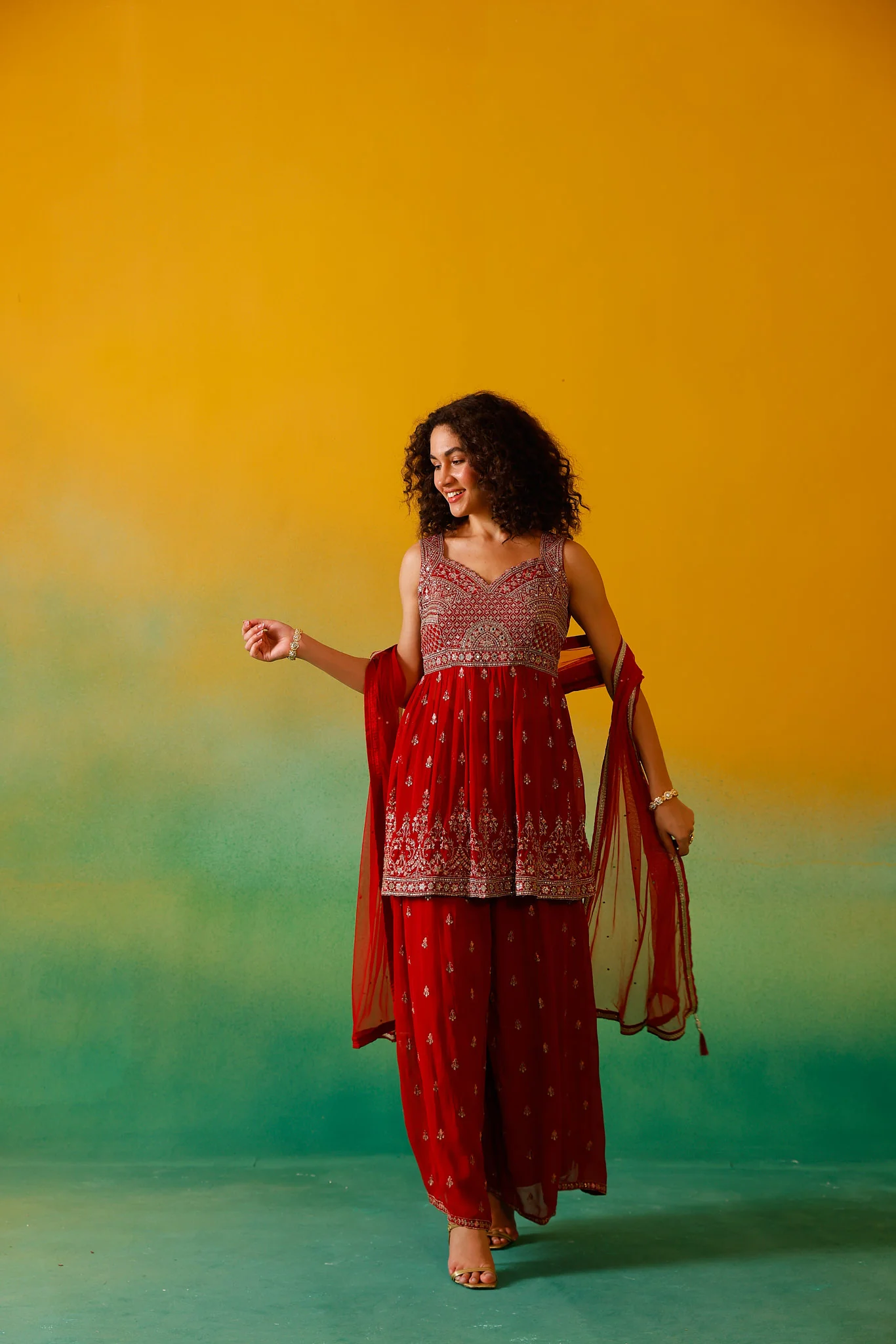 Neerus Red Embroidery Georgette Fabric Kurti Plazzo and Dupatta - Image 5
