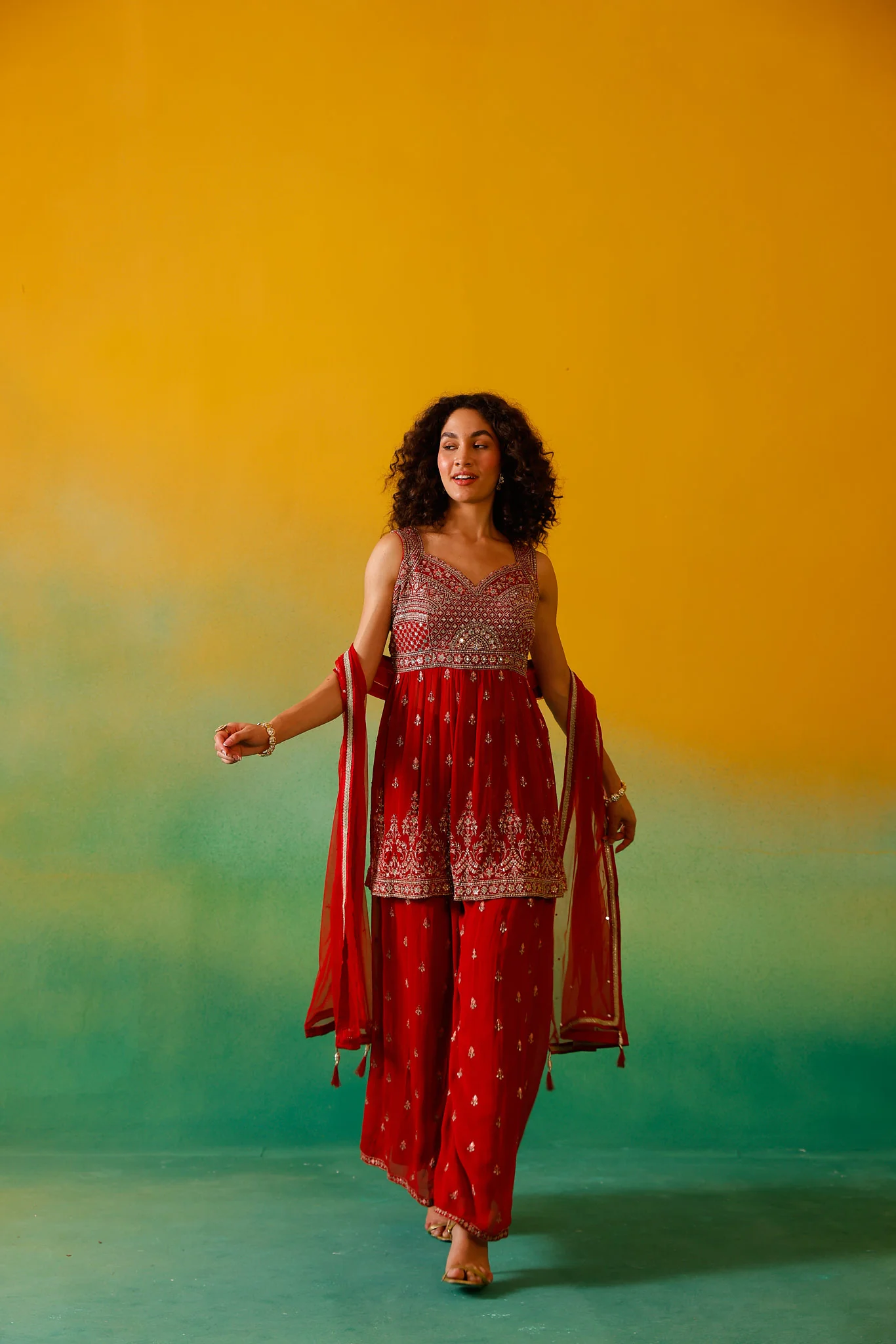 Neerus Red Embroidery Georgette Fabric Kurti Plazzo and Dupatta - Image 7
