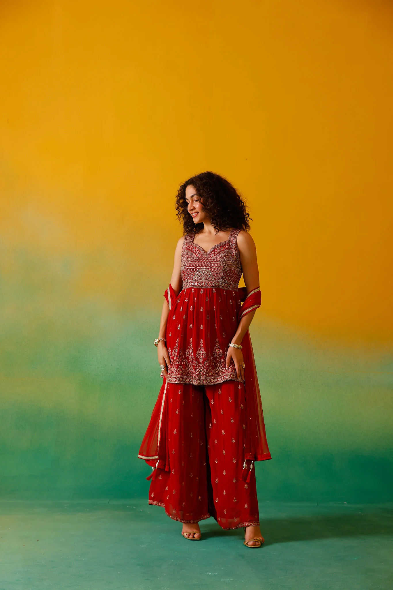 Neerus Red Embroidery Georgette Fabric Kurti Plazzo and Dupatta - Image 8