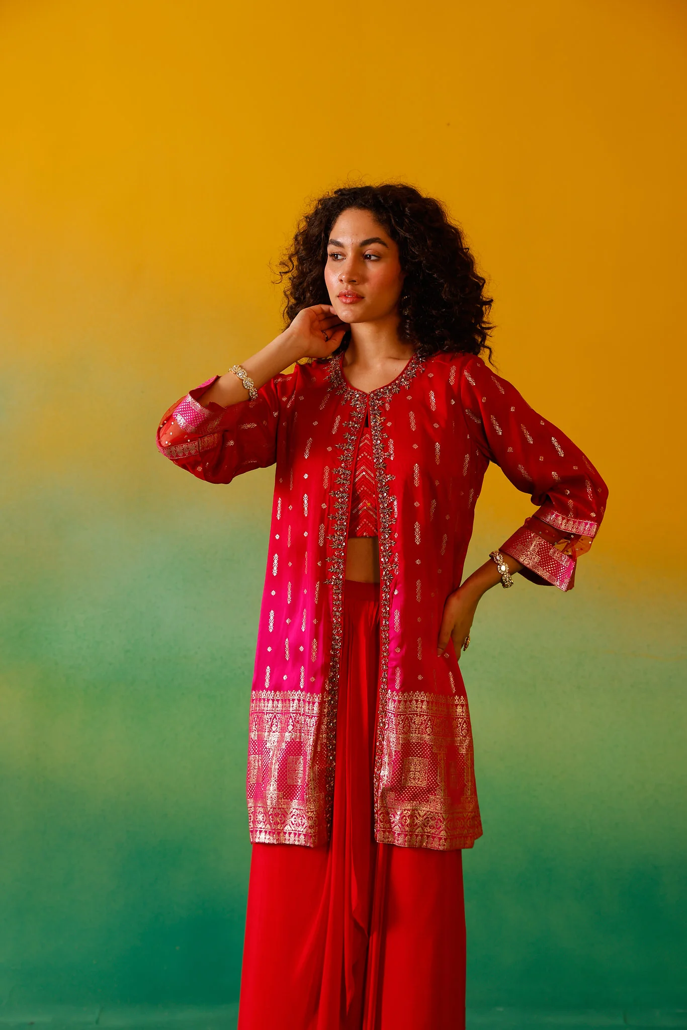 Neerus Red Embroidery Silk Fabric Fusion Set. - Image 3