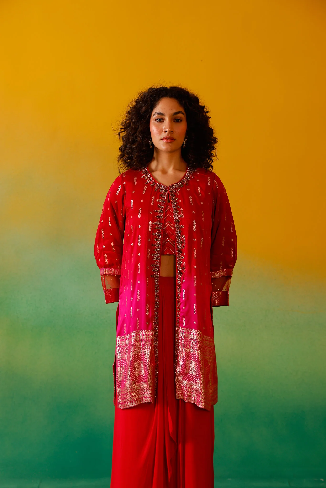 Neerus Red Embroidery Silk Fabric Fusion Set. - Image 4