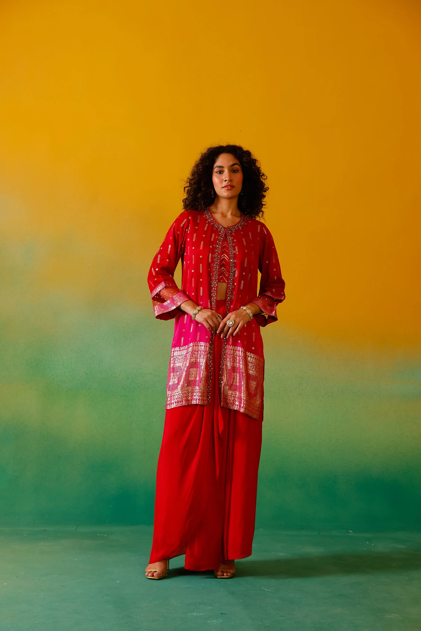 Neerus Red Embroidery Silk Fabric Fusion Set. - Image 5