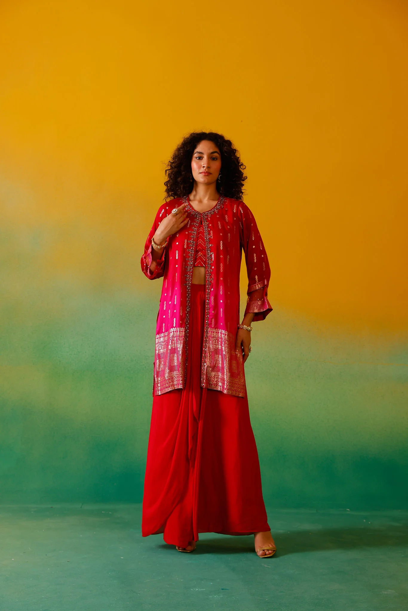 Neerus Red Embroidery Silk Fabric Fusion Set. - Image 6