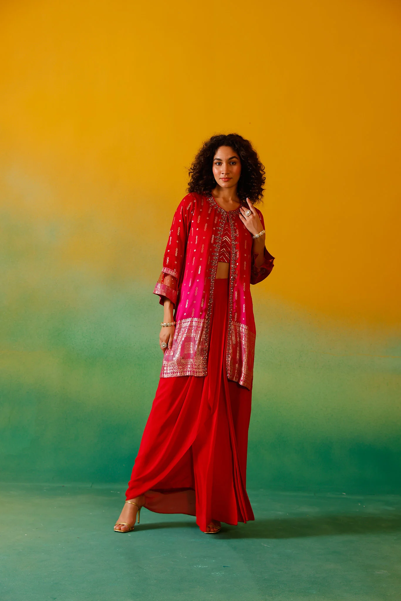 Neerus Red Embroidery Silk Fabric Fusion Set. - Image 7