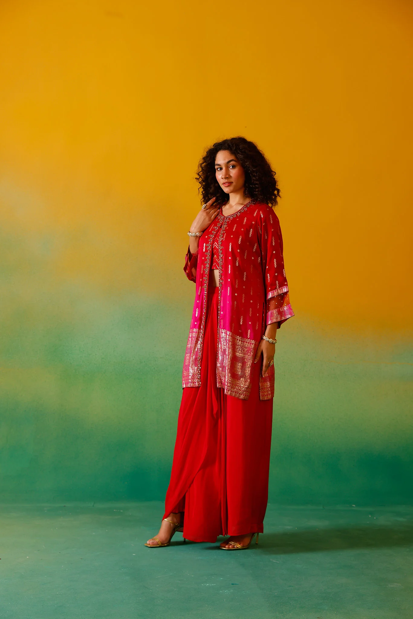 Neerus Red Embroidery Silk Fabric Fusion Set. - Image 8