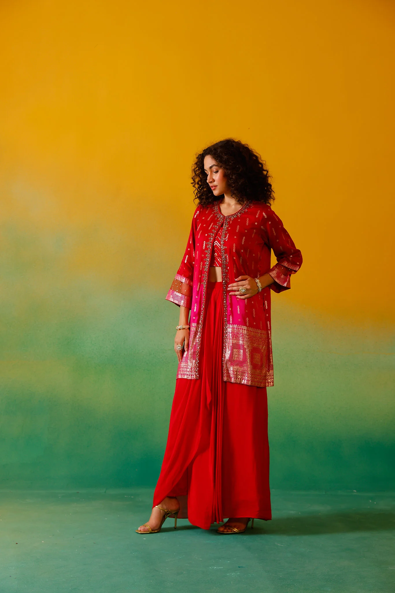 Neerus Red Embroidery Silk Fabric Fusion Set. - Image 9