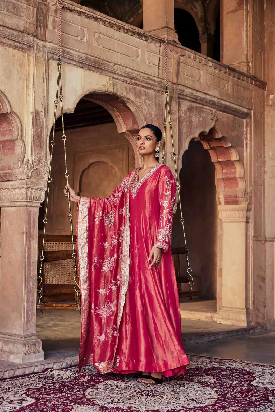 Neerus Red Embroidery Tissue Fabric Anarkali and Dupatta - Image 2