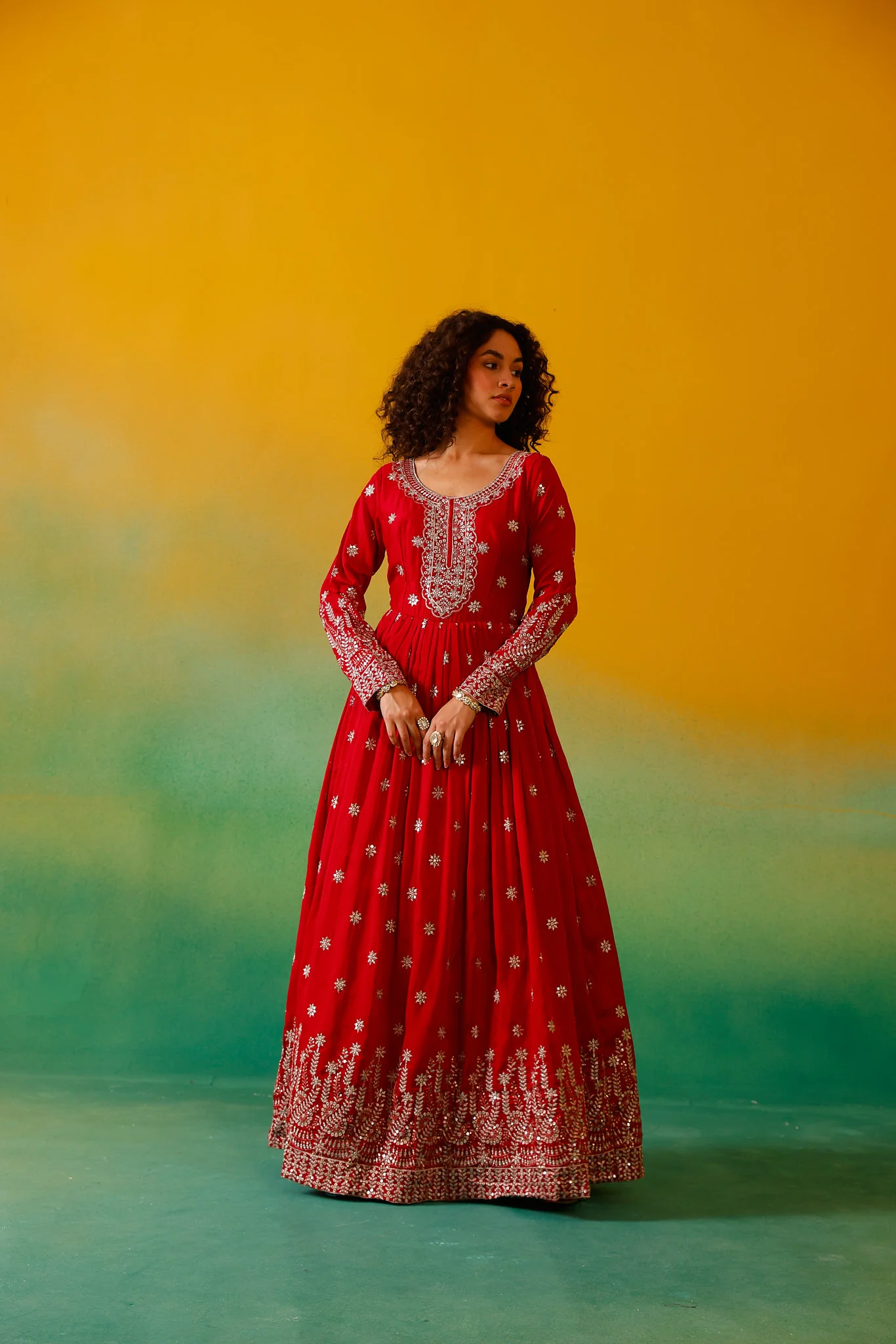 Neerus Red Embroidery Vichitra Silk Fabric Anarkali and Dupatta - Image 13