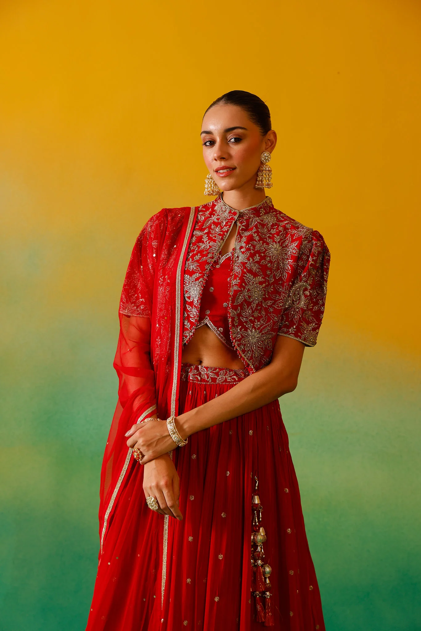 Neerus Red Embroidery work Chinon Fabric Ghagra Set - Image 10