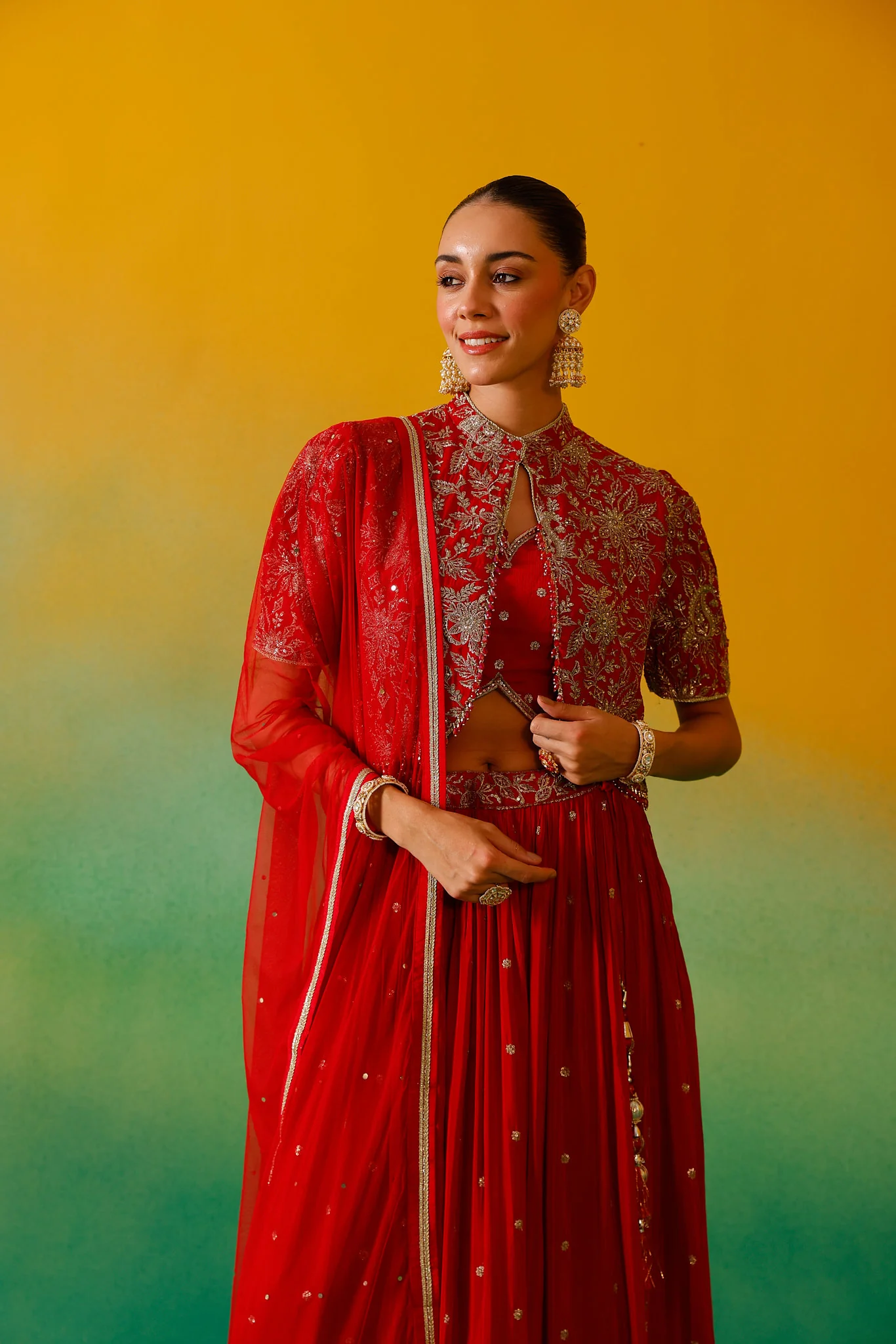 Neerus Red Embroidery work Chinon Fabric Ghagra Set - Image 11