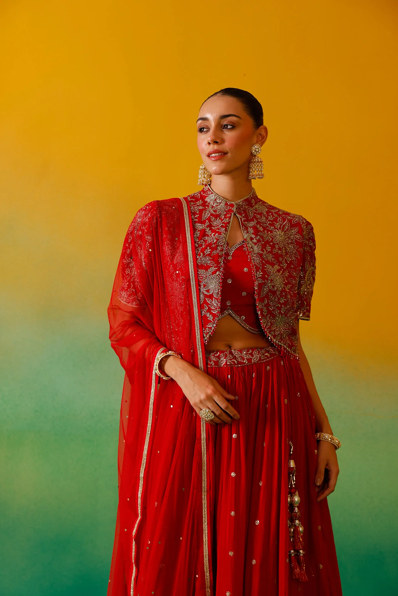 Neerus Red Embroidery work Chinon Fabric Ghagra Set - Image 12