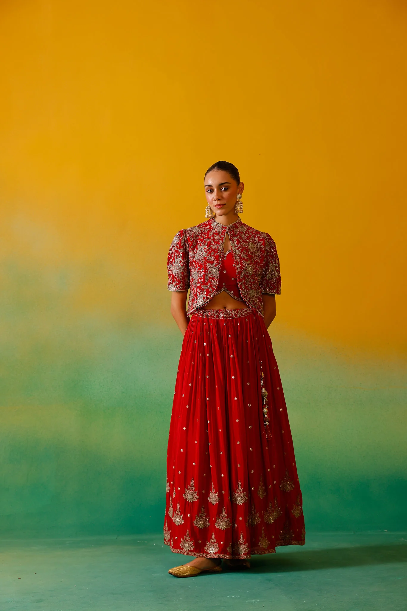 Neerus Red Embroidery work Chinon Fabric Ghagra Set - Image 13