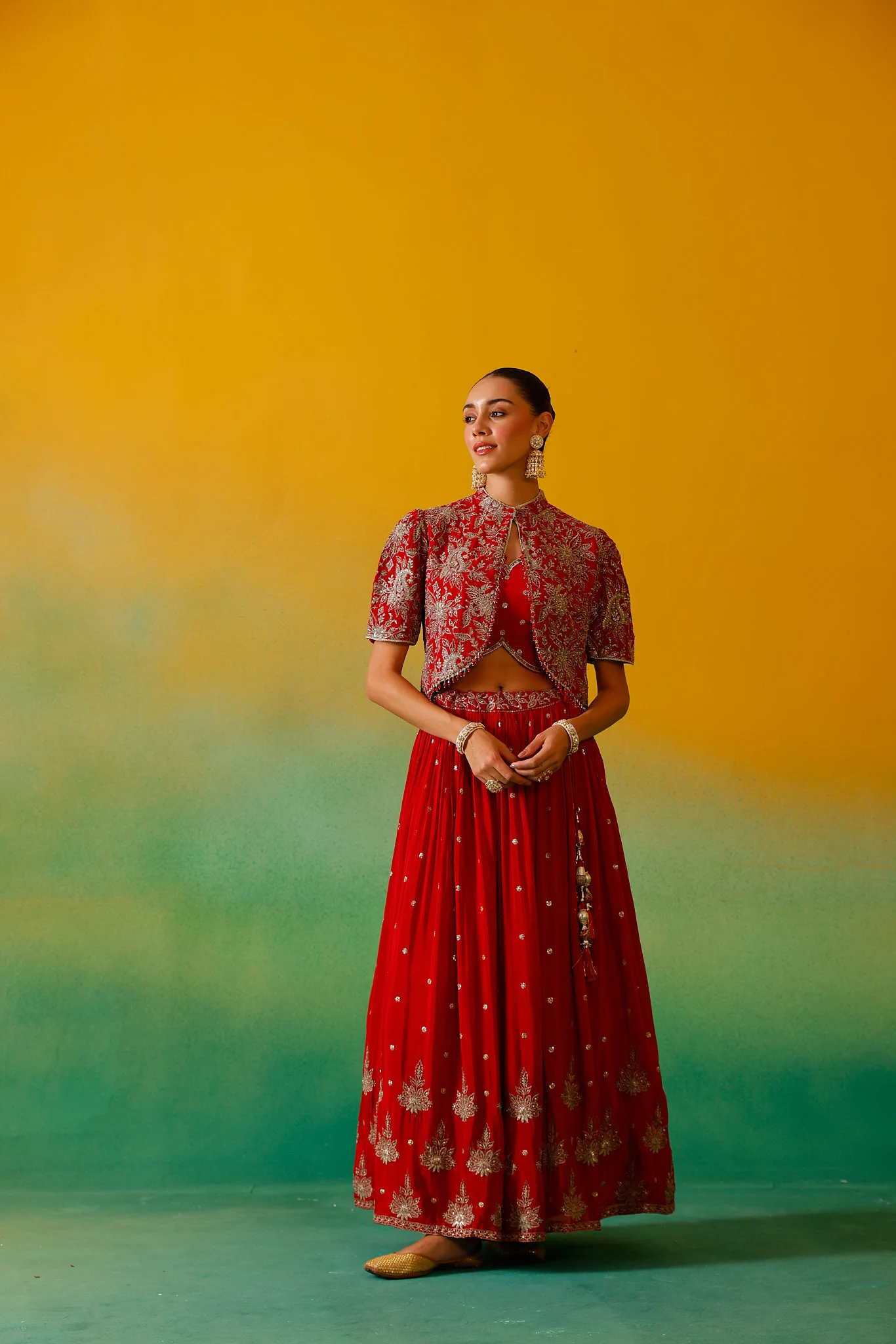 Neerus Red Embroidery work Chinon Fabric Ghagra Set - Image 14