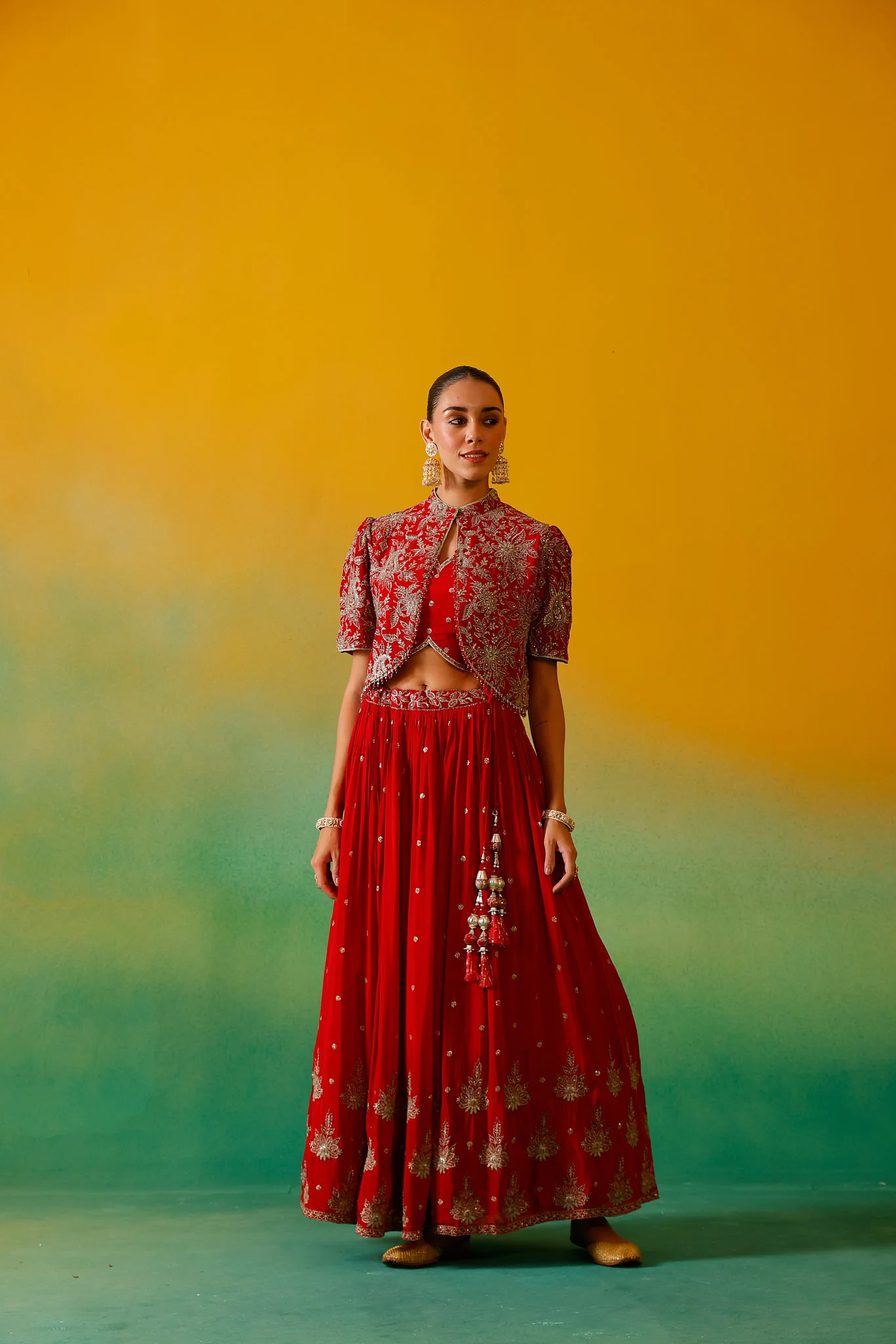Neerus Red Embroidery work Chinon Fabric Ghagra Set - Image 15