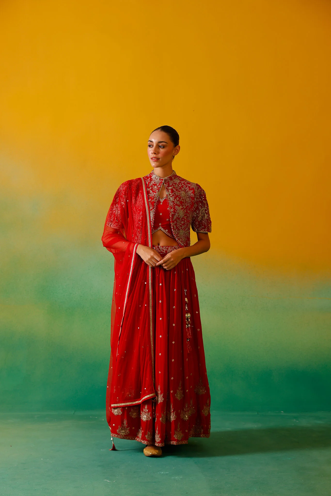 Neerus Red Embroidery work Chinon Fabric Ghagra Set - Image 2