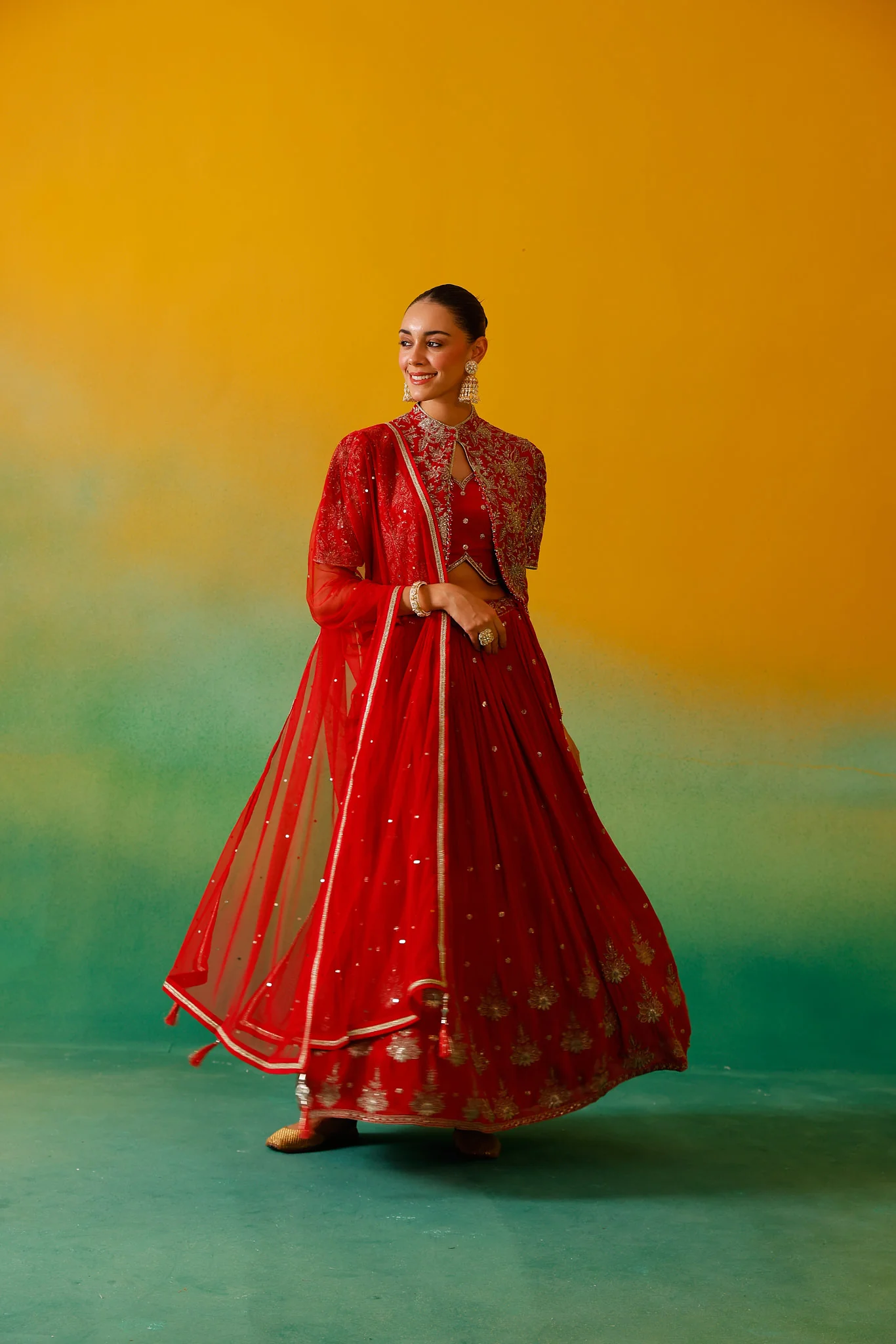 Neerus Red Embroidery work Chinon Fabric Ghagra Set - Image 5