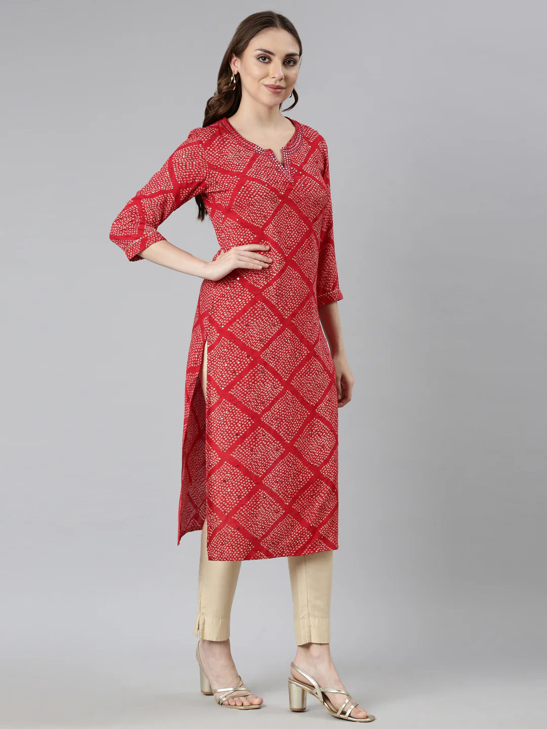 Neerus Red Panelled Straight Bandhani Kurta - Image 2