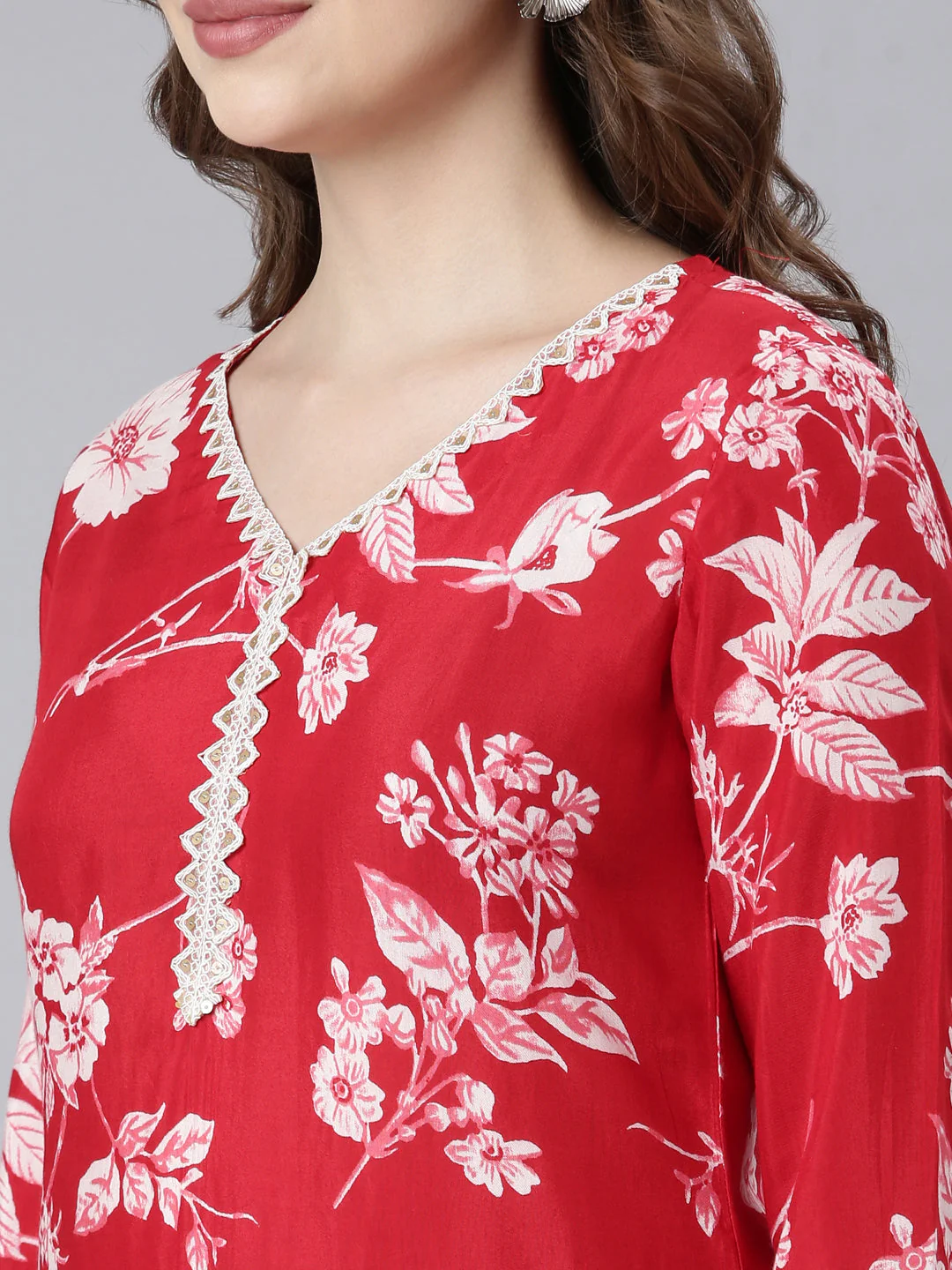 Neerus Red Panelled Straight Floral Readymade Suits - Image 2