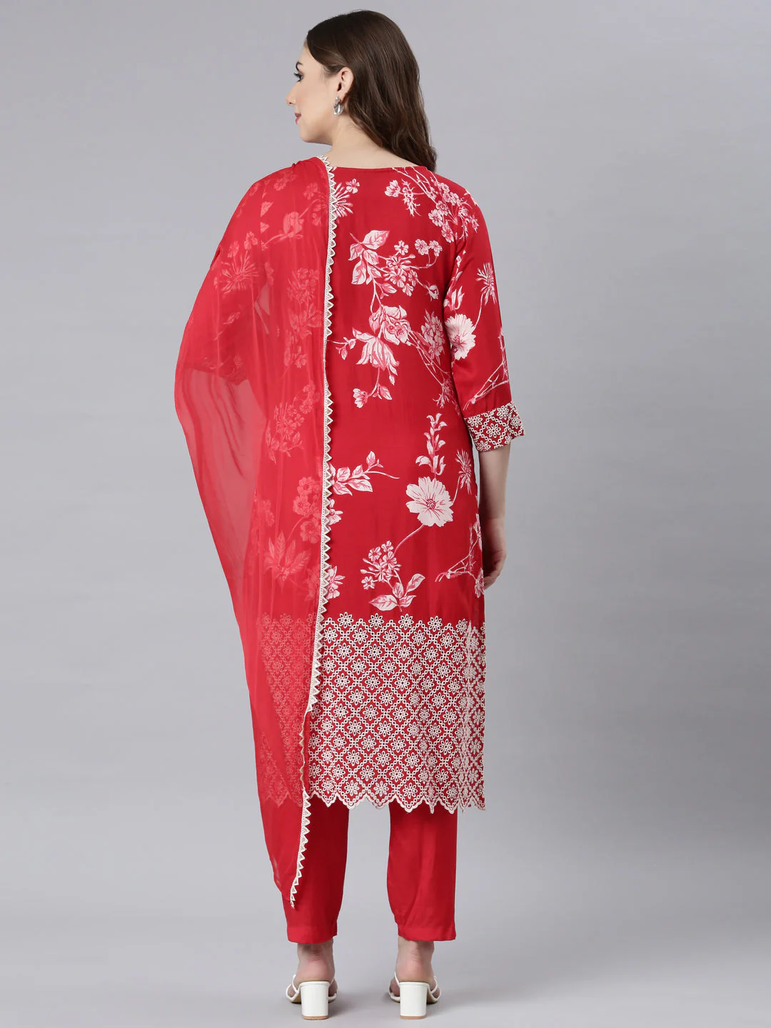 Neerus Red Panelled Straight Floral Readymade Suits - Image 5