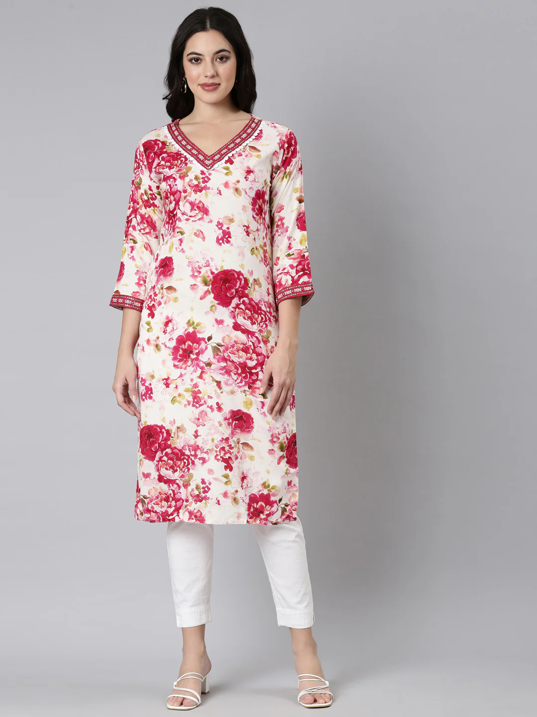Neerus Red Panelled Straight Floral Kurta