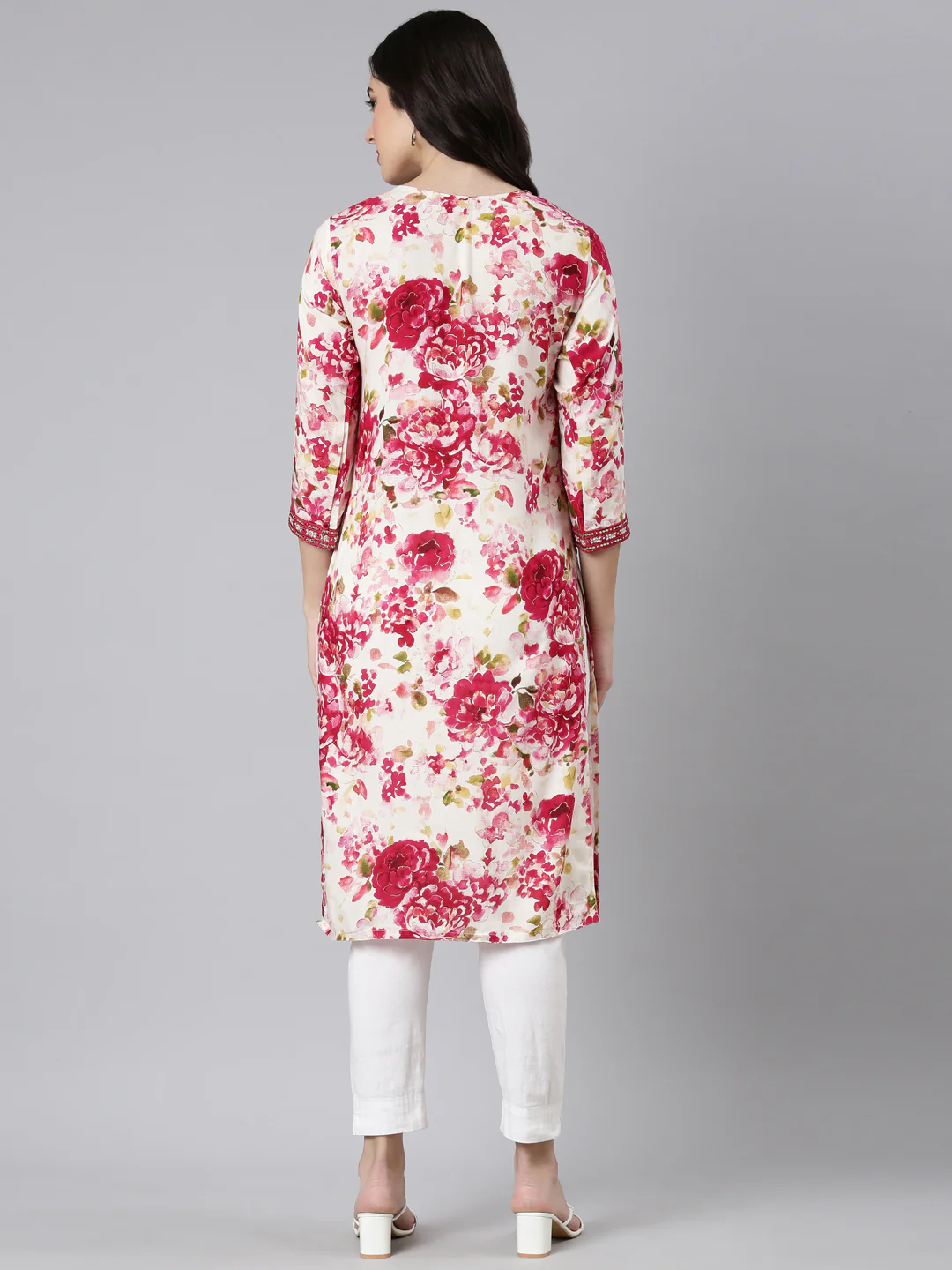 Neerus Red Panelled Straight Floral Kurta - Image 3