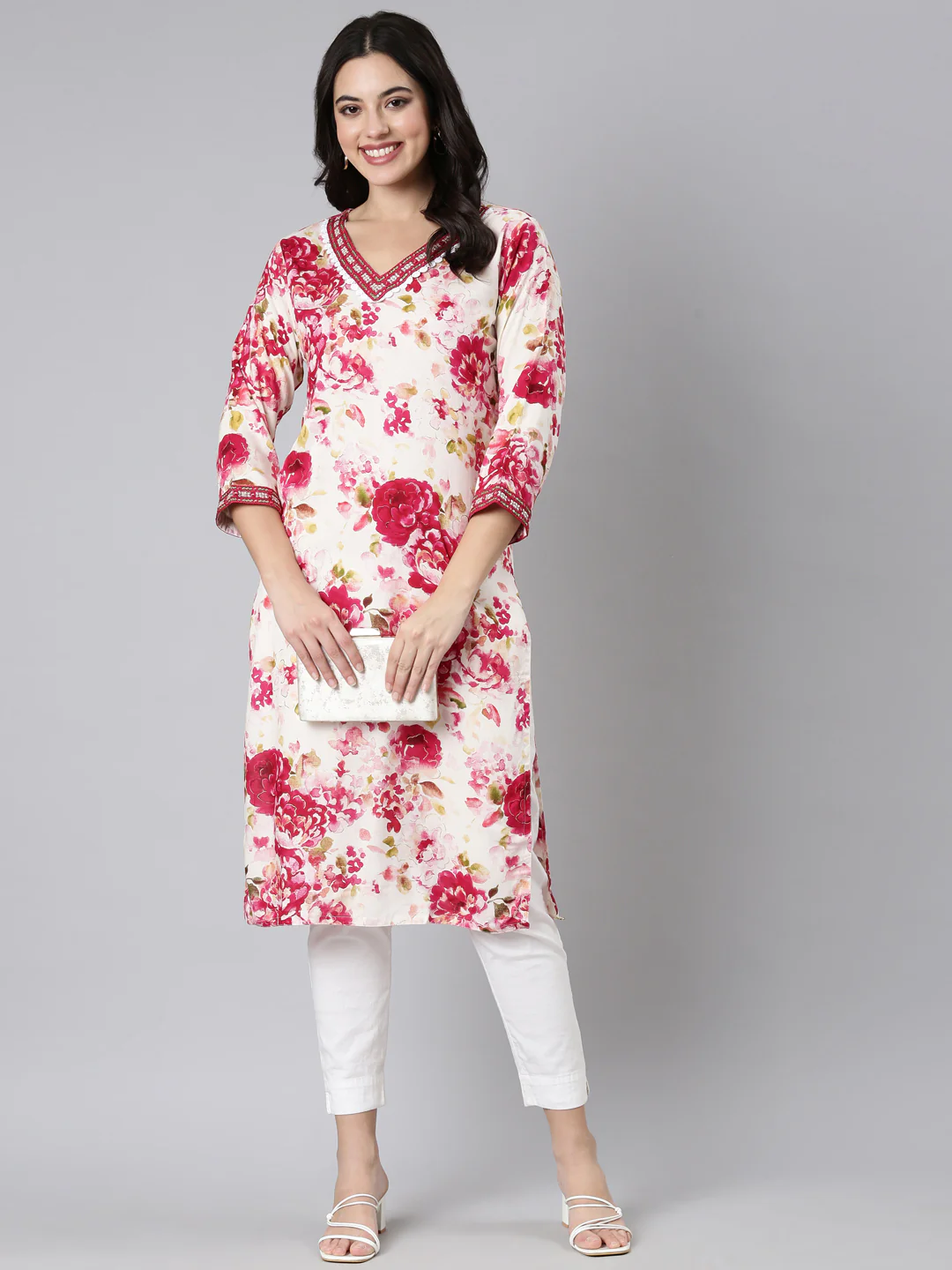 Neerus Red Panelled Straight Floral Kurta - Image 4