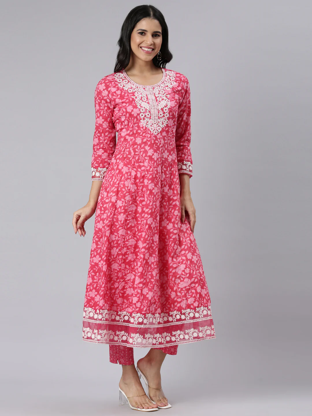 Neerus Red Panelled Straight Printed Kurta and Trousers With Dupatta - Image 2