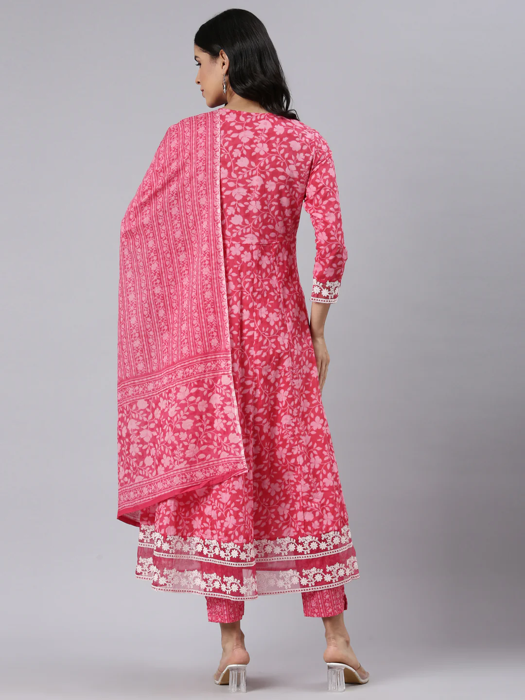 Neerus Red Panelled Straight Printed Kurta and Trousers With Dupatta - Image 3