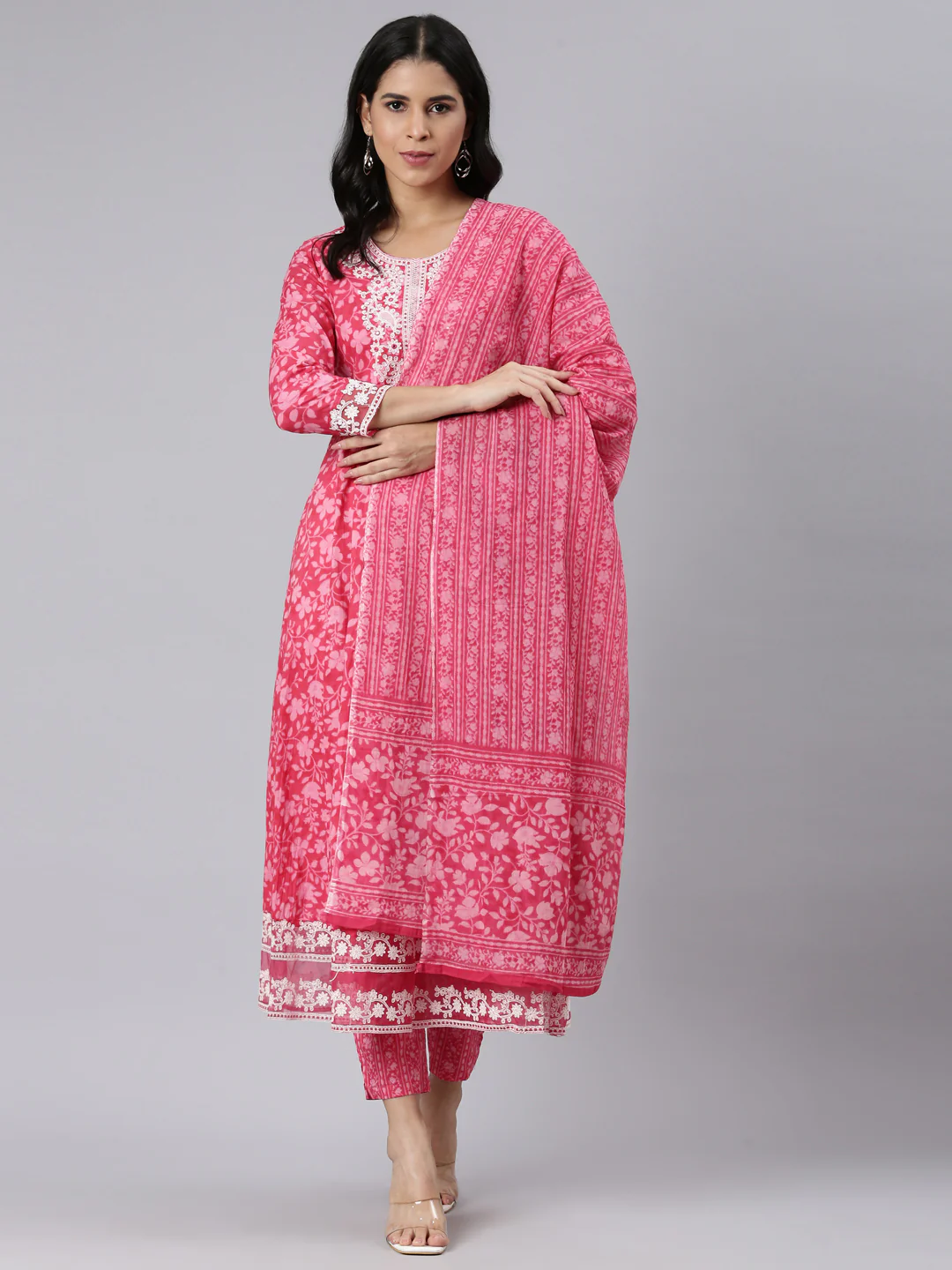 Neerus Red Panelled Straight Printed Kurta and Trousers With Dupatta - Image 5