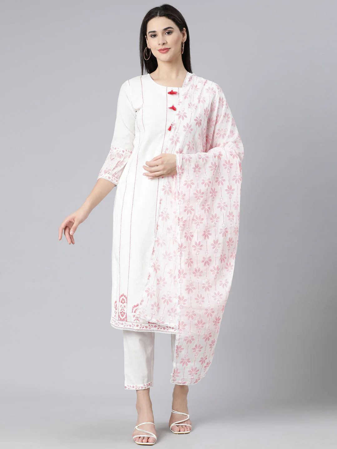 Neerus Red Panelled Straight Printed Kurta And Trousers With Dupatta