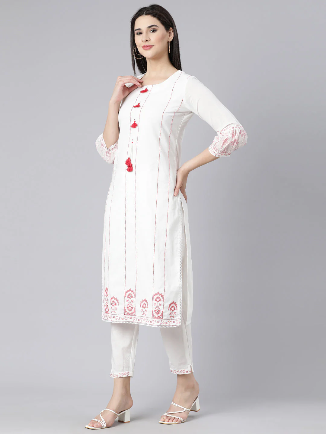Neerus Red Panelled Straight Printed Kurta And Trousers With Dupatta - Image 2
