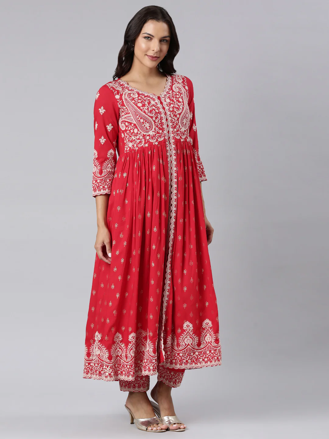 Neerus Red Panelled Straight Yoke Design Kurta And Trousers With Dupatta - Image 3