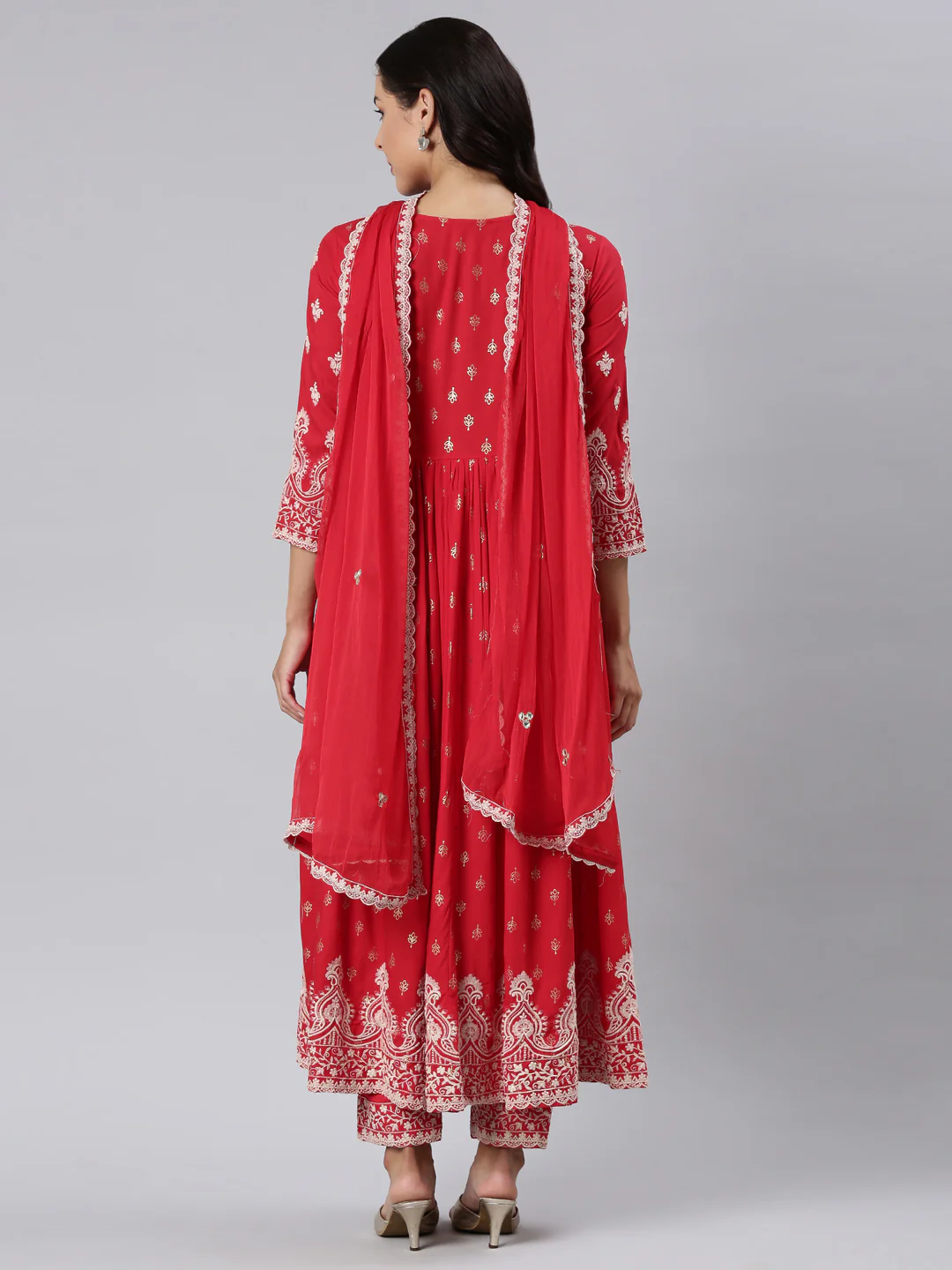 Neerus Red Panelled Straight Yoke Design Kurta And Trousers With Dupatta - Image 4