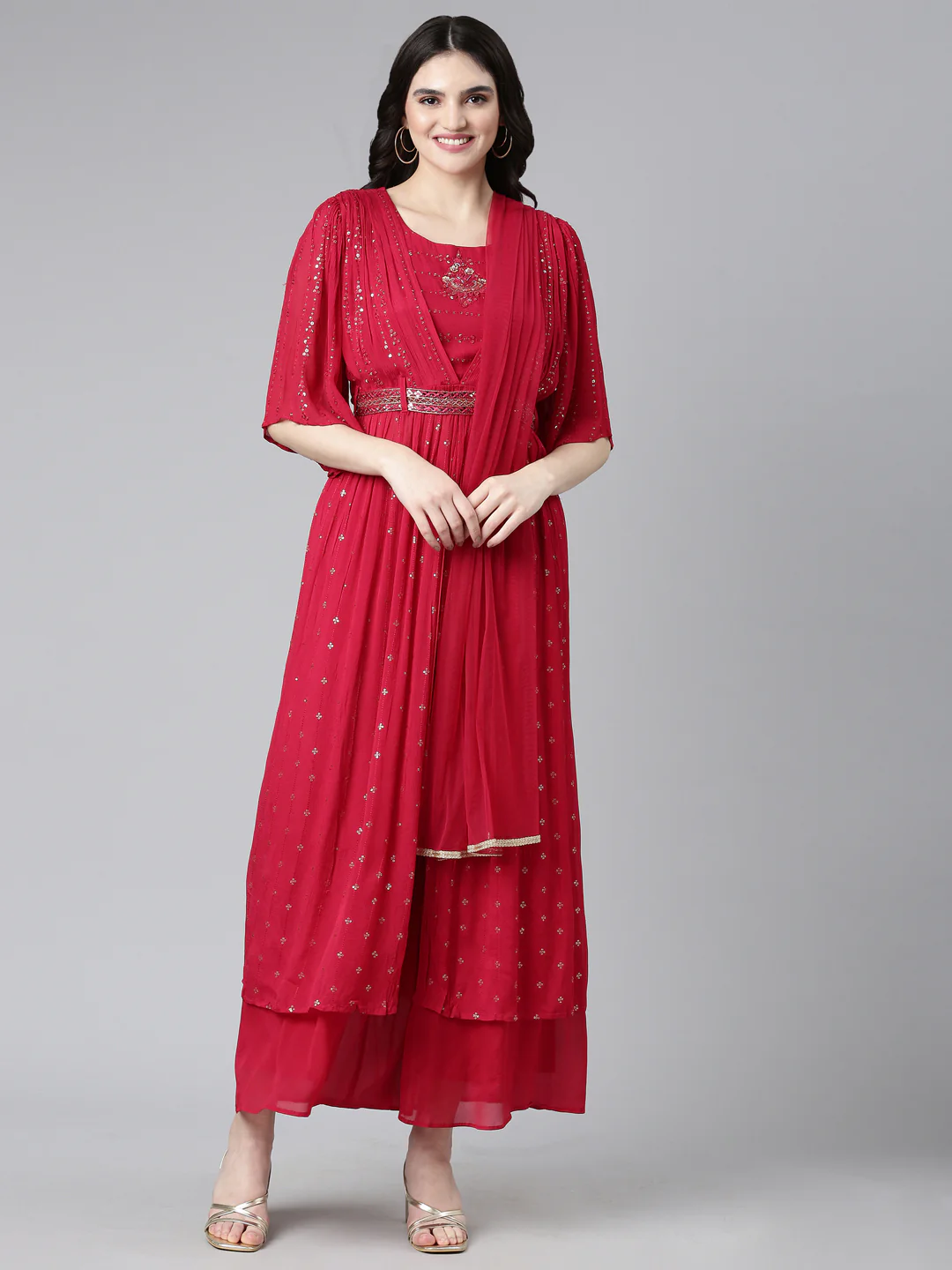 Neerus Red Pleated Straight Embroidered Kurta And Palazzos With Dupatta