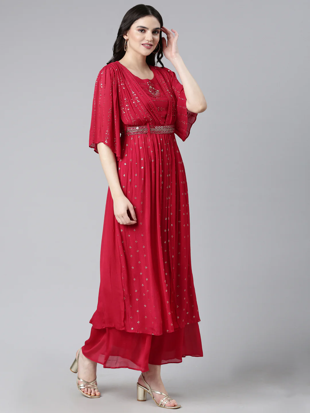 Neerus Red Pleated Straight Embroidered Kurta And Palazzos With Dupatta - Image 2